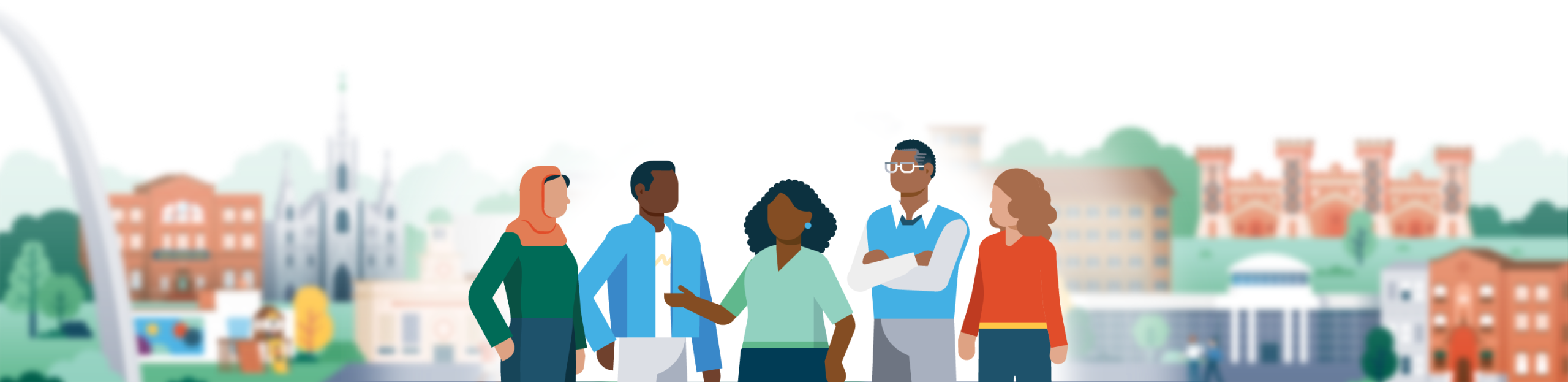 A flat-style illustration of a diverse group of people standing in front of a stylized St. Louis skyline featuring the Gateway Arch.